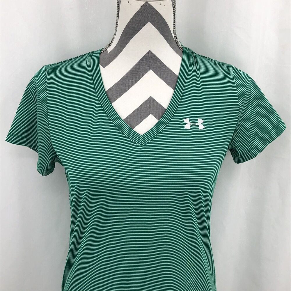 Under Armour HeatGear Loose V-Neck Green Striped T-Shirt 1258568 Small